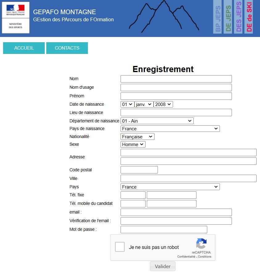 Formulaire inscription Test Technique de ski sur Internet